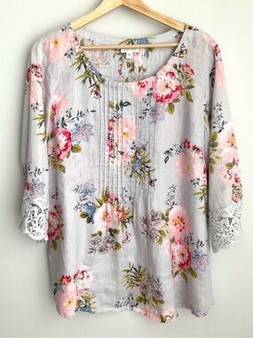 J. Jill Light Gray Floral Tunic with Pink & Blue Blooms 100% Linen